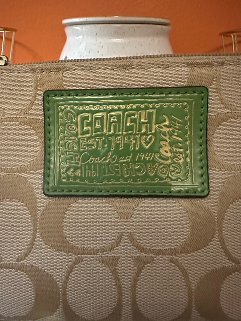 COACH Poppy Signature Print Tan/Apple Green Canvas Wristlet - Picture 3 of 12